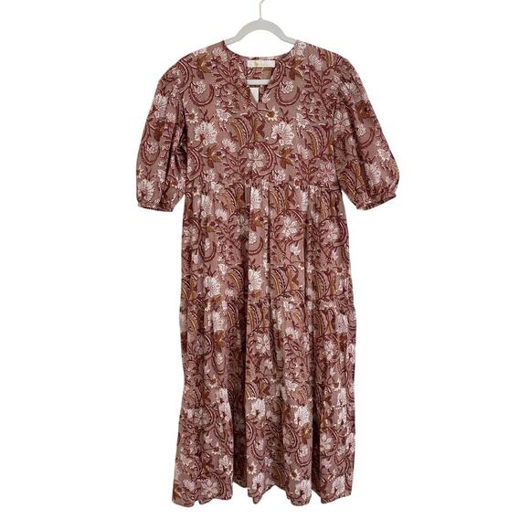 Bindu Petal Mauve Brown Block Print Floral Midi Puff Sleeve Dress Tuckernuck - Picture 1 of 3